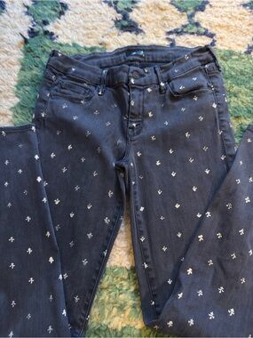 MOTHER Dark Blue Skinny Jeans with White fluer de lis Motif